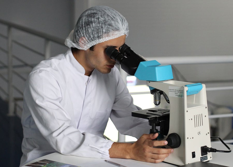 researcher looking through microscope